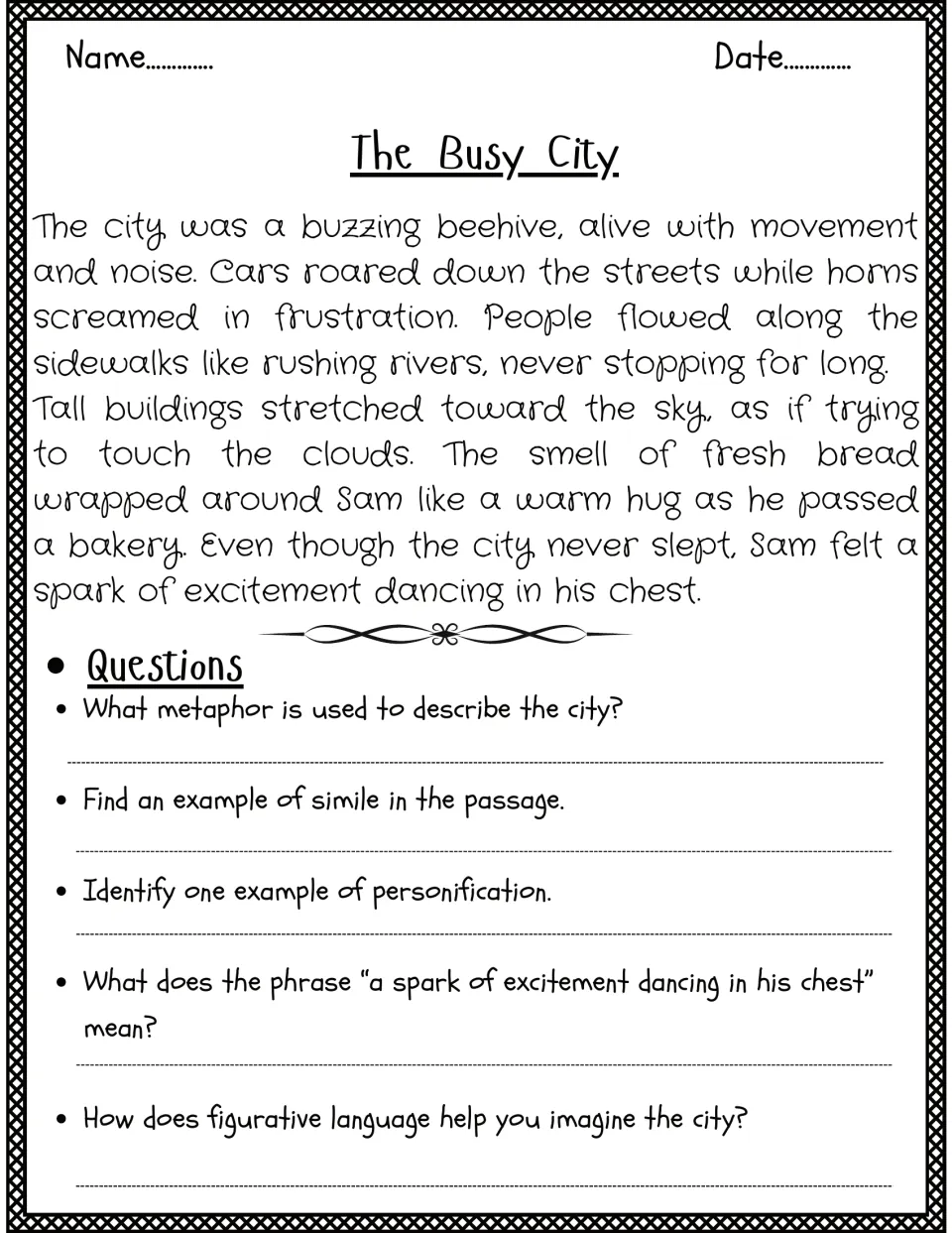 The Busy City story: students identify the city metaphor, a simile and personification, and explain a dancing spark phrase
