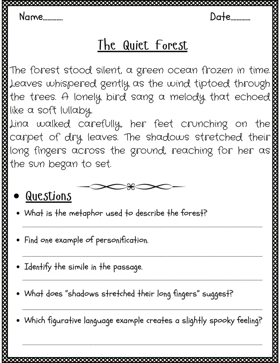 The Quiet Forest story: students find the forest metaphor, personification and a simile, and pick the spooky line