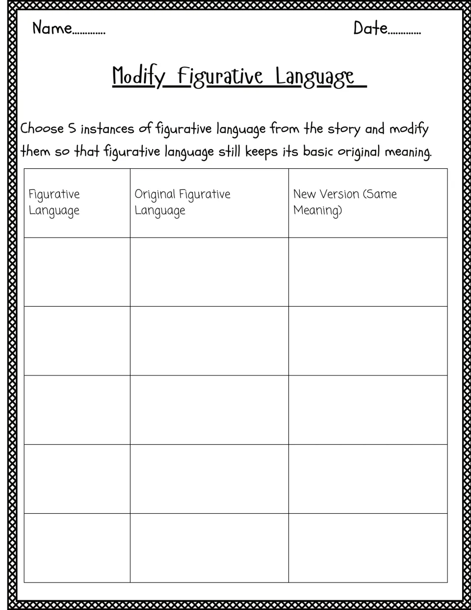 Modify Figurative Language for The Quiet Forest: students choose 5 examples and reword each while keeping its meaning