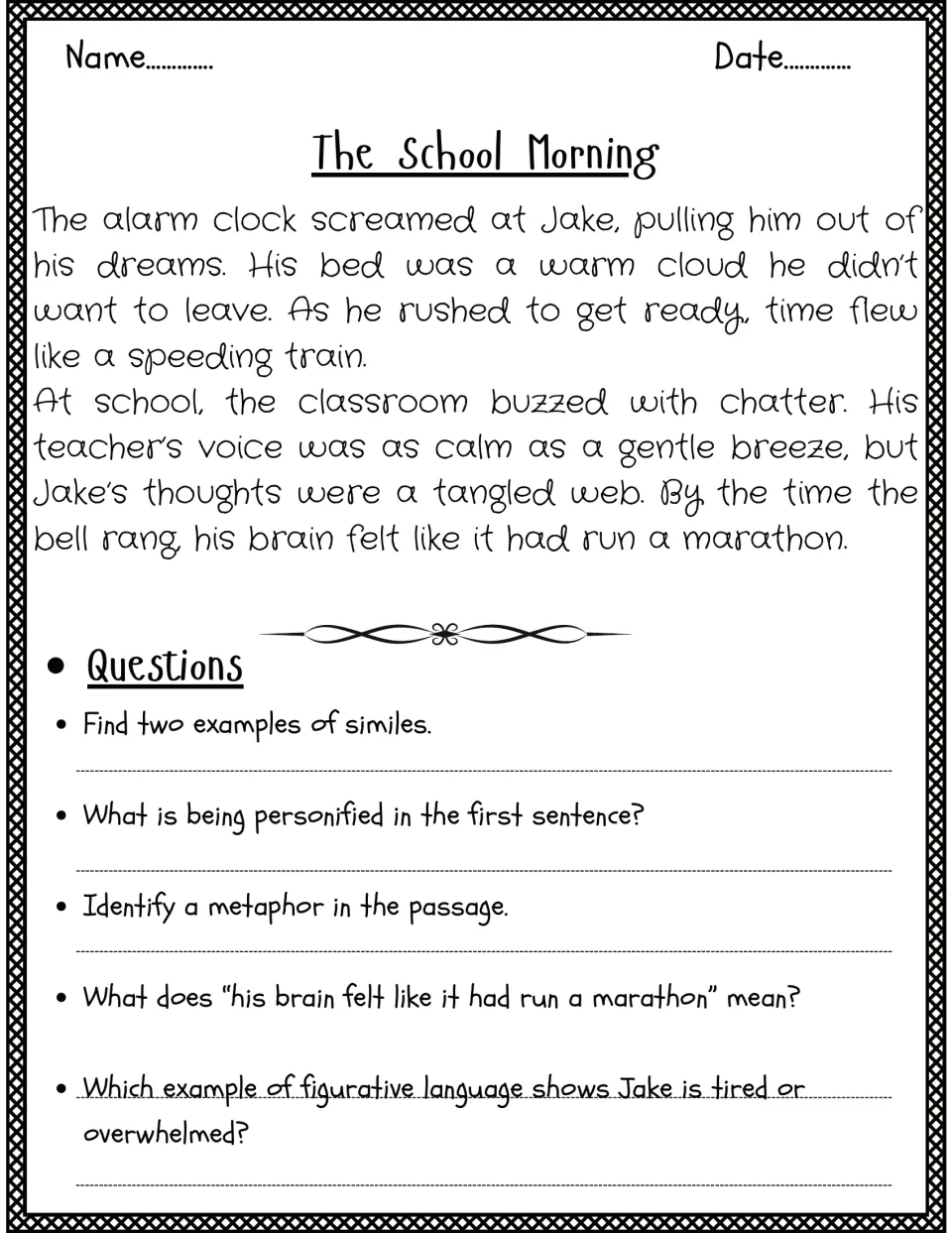 The School Morning story: students find two similes, the personified alarm clock and a metaphor about Jake's busy day