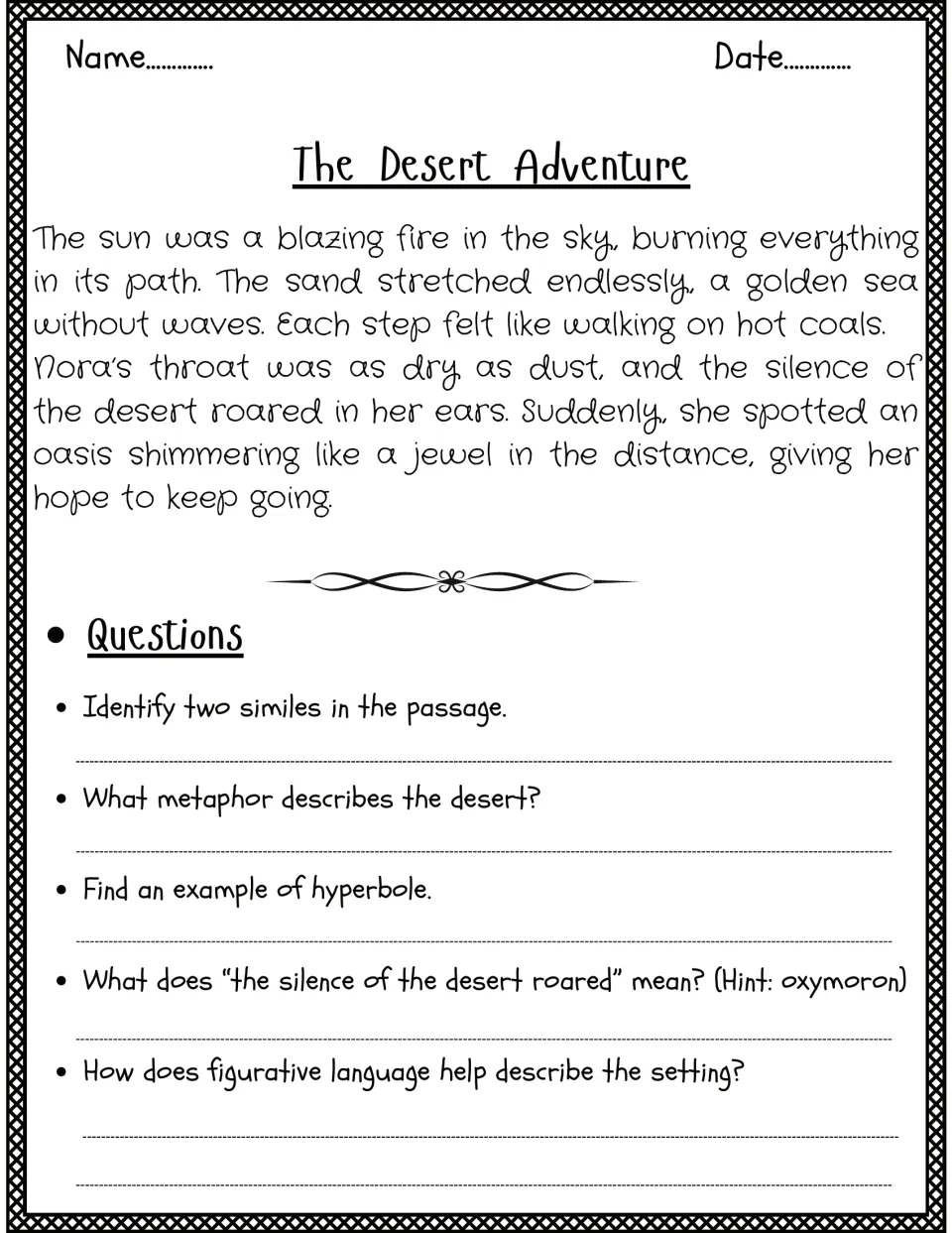 The Desert Adventure story: students identify two similes, the desert metaphor, a hyperbole and an oxymoron about silence