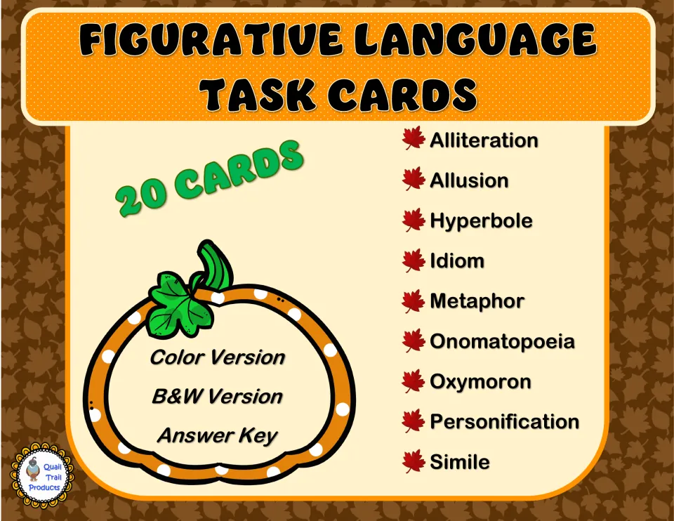 Figurative language task cards cover: 20 cards on nine devices from alliteration to simile, in color, B&W and answer key