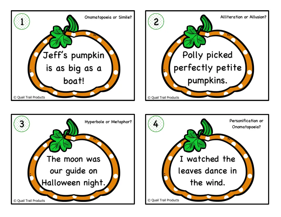 Cards 1-4 in color: students decide which of two devices fits, e.g. simile in 'Jeff's pumpkin is as big as a boat!'