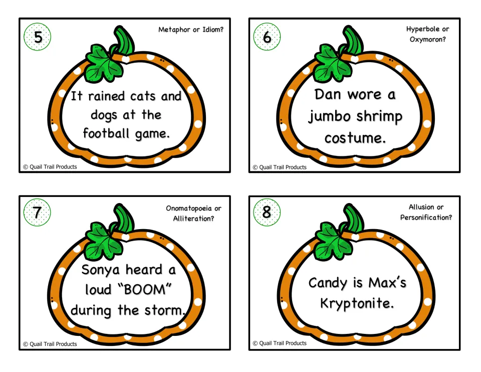 Cards 5-8 in color: students identify devices in sentences like 'It rained cats and dogs' and 'Candy is Max's Kryptonite'