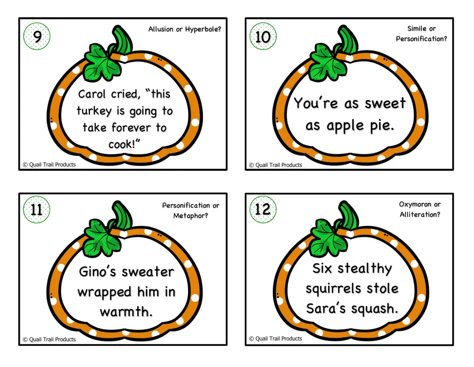 Cards 9-12 in color: students choose between two devices for sentences about turkey, apple pie, a sweater and squirrels