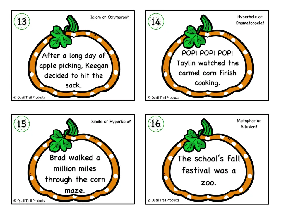 Cards 13-16 in color: students label idioms, onomatopoeia, hyperbole and metaphor, e.g. 'POP! POP! POP!' caramel corn