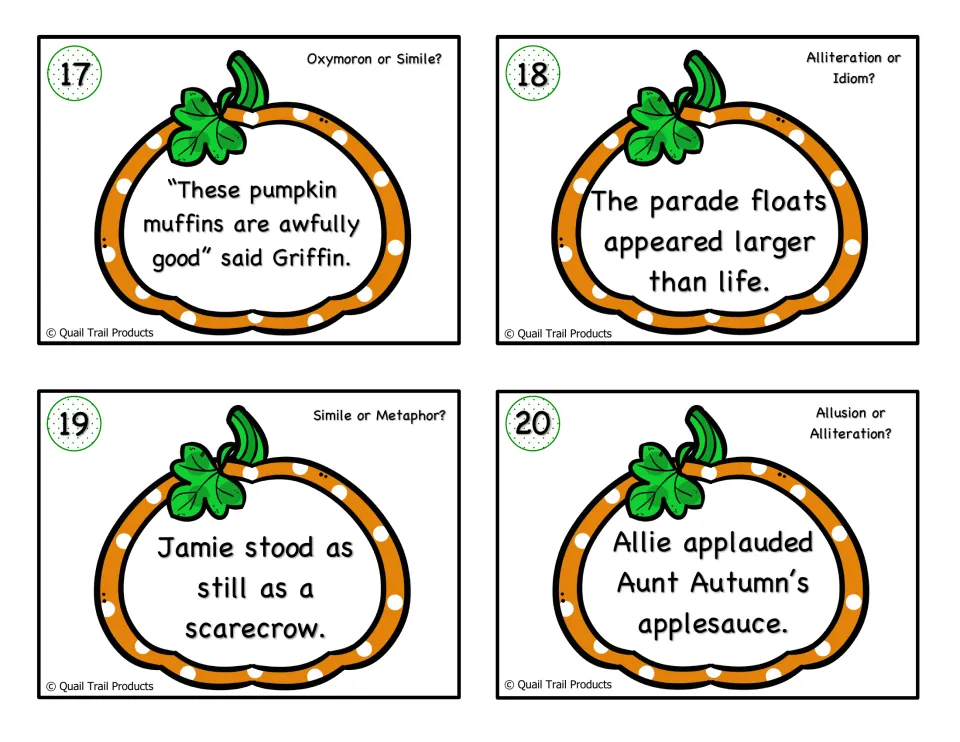 Cards 17-20 in color: students pick devices in 'awfully good' muffins, 'still as a scarecrow' and 'Aunt Autumn's applesauce'