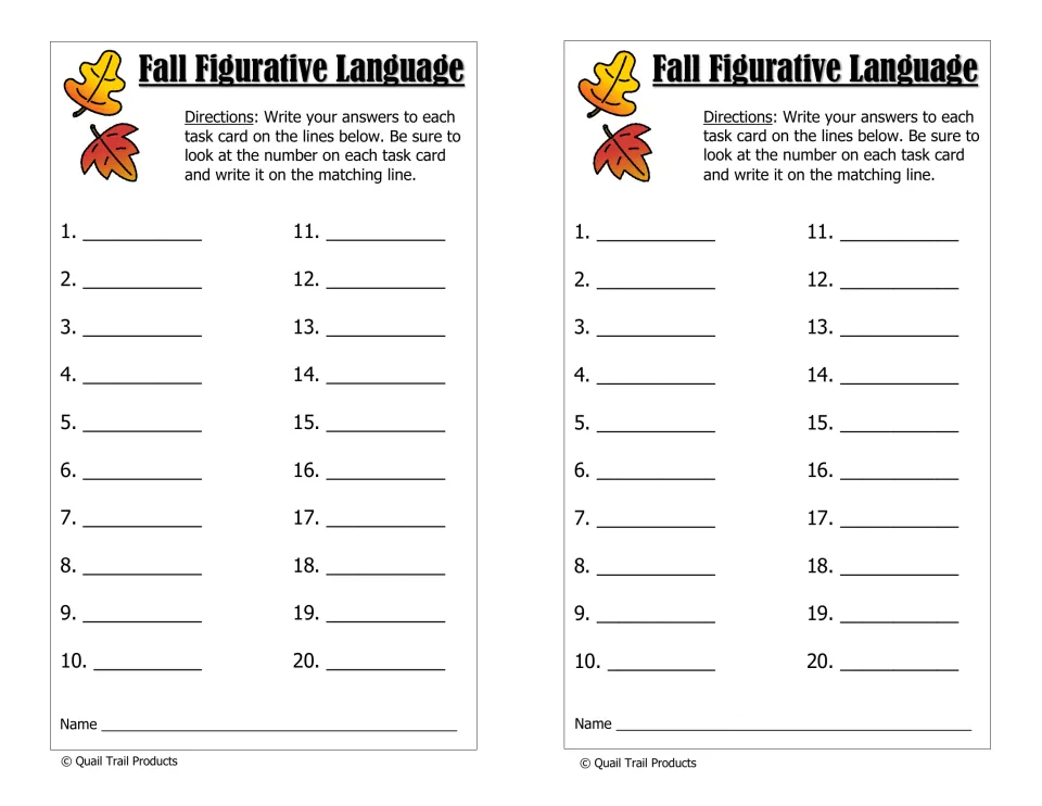 Fall Figurative Language recording sheet: students write the device for each of the 20 task cards on its numbered line