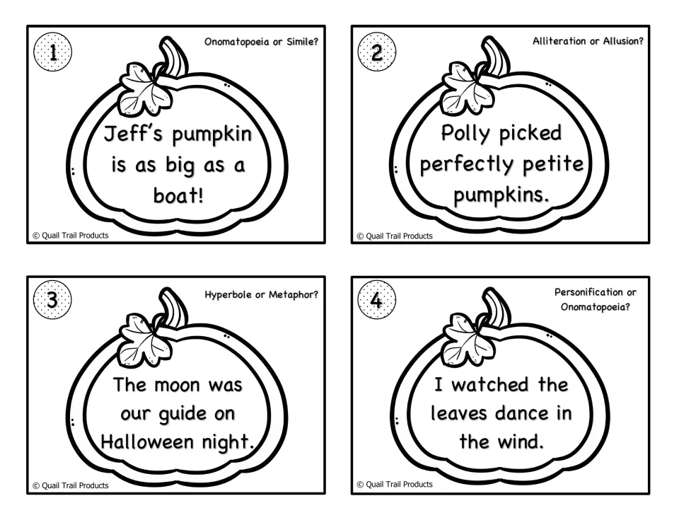 Cards 1-4 in black and white: students pick between two devices for pumpkin, moon and dancing-leaves sentences