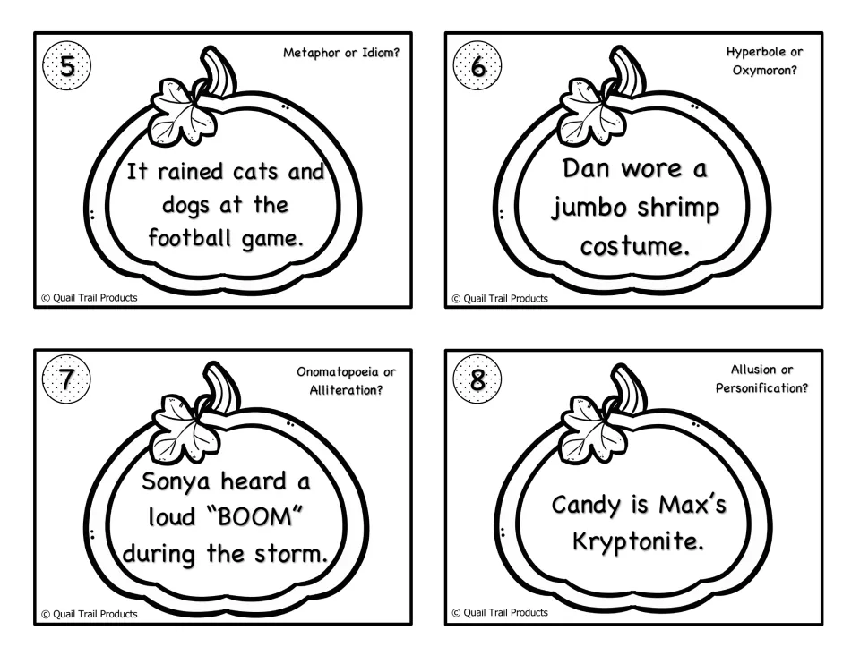 Cards 5-8 in black and white: students spot idiom, oxymoron, onomatopoeia or allusion from cats and dogs to Kryptonite