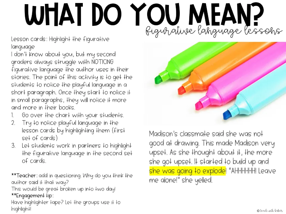 Steps for the highlighting lesson: review the chart, model highlighting card set one, then partners highlight set two