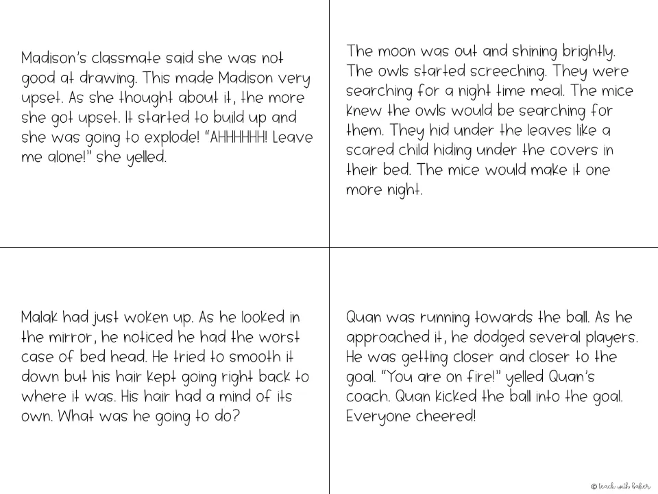 Story cards, set one: students highlight the playful phrase in four passages, such as Madison about to explode