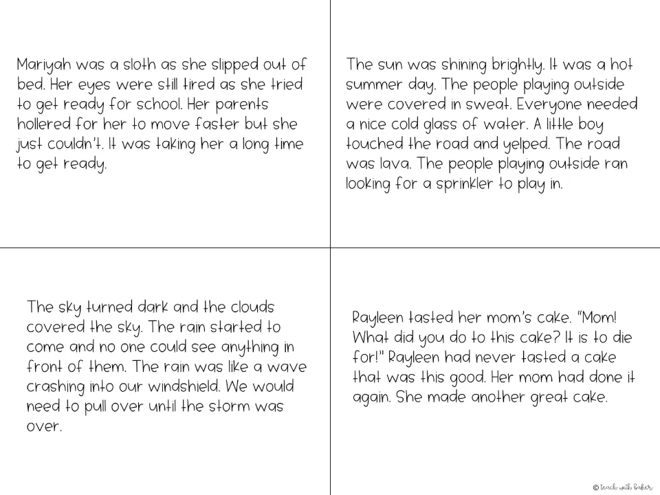 Story cards, set two: students highlight phrases in passages on Mariyah the sloth, a lava road, rain like a wave and cake