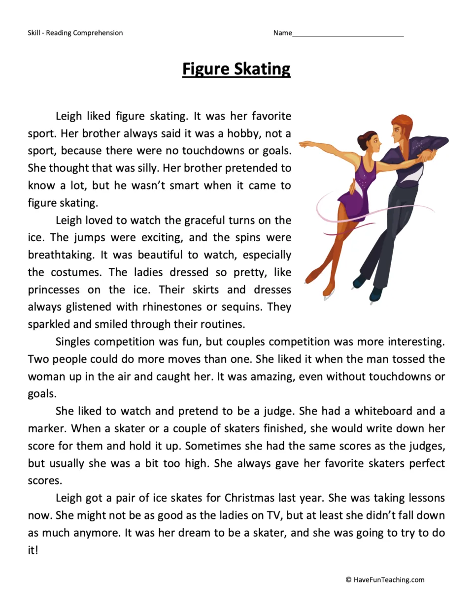 Reading passage about Leigh watching skaters, pretending to judge their routines, and taking skating lessons