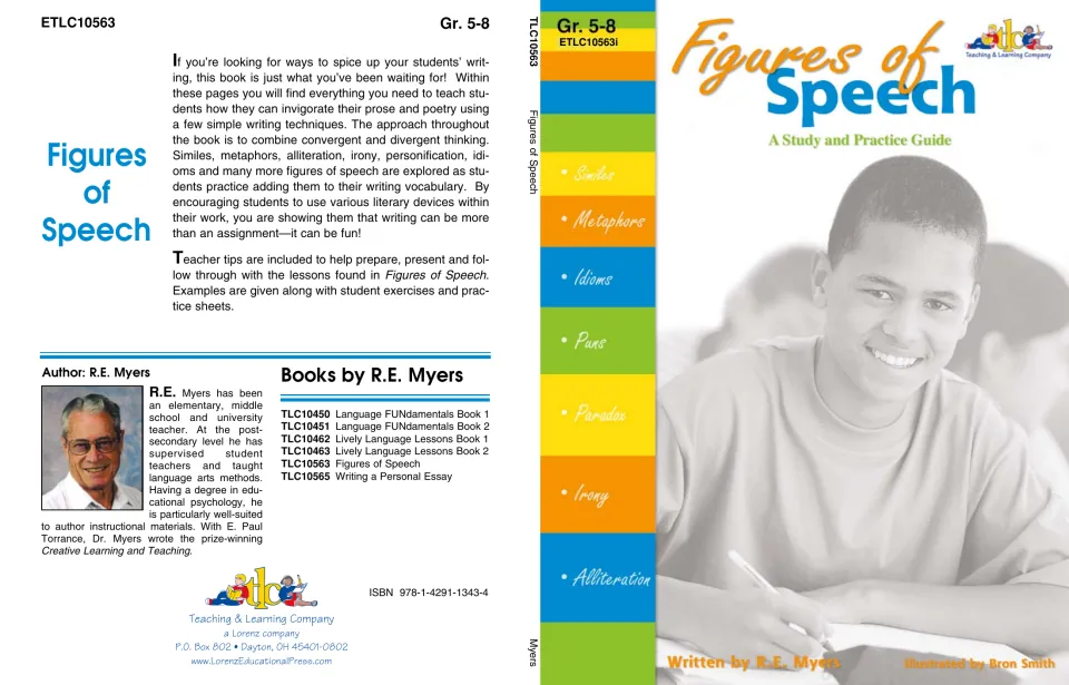 Figures of Speech book cover, Gr. 5-8, listing similes, metaphors, idioms, puns, paradox, irony and alliteration