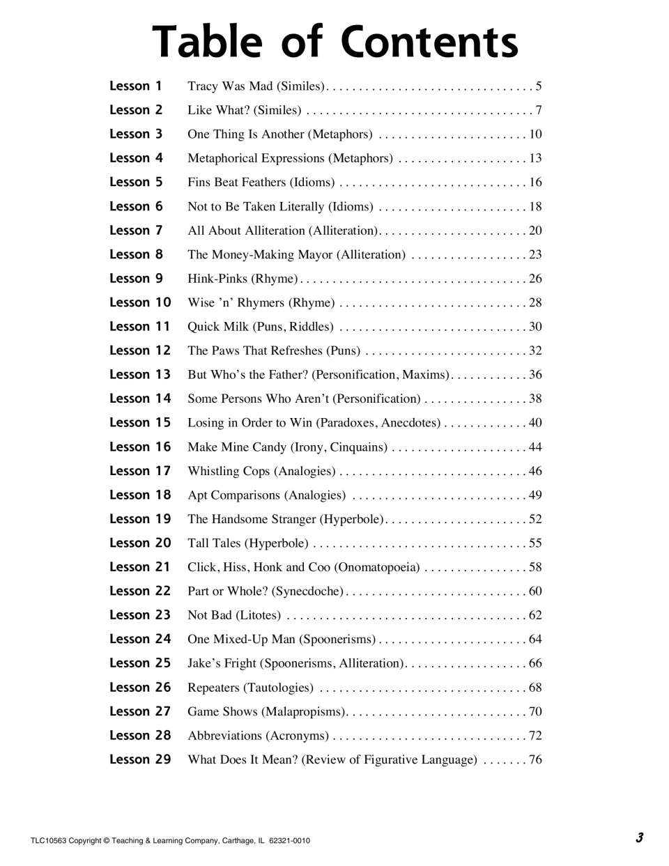 Table of contents listing 29 lessons, from similes and metaphors through spoonerisms, acronyms and a figurative review