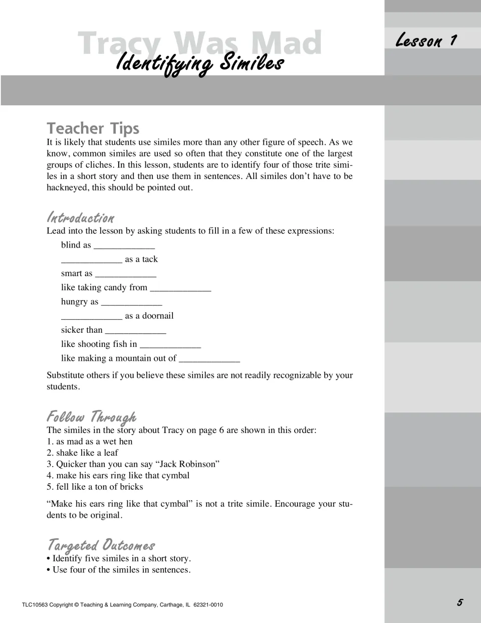 Lesson 1 teacher notes on identifying similes: a fill-in warm-up and the five similes found in Tracy's story