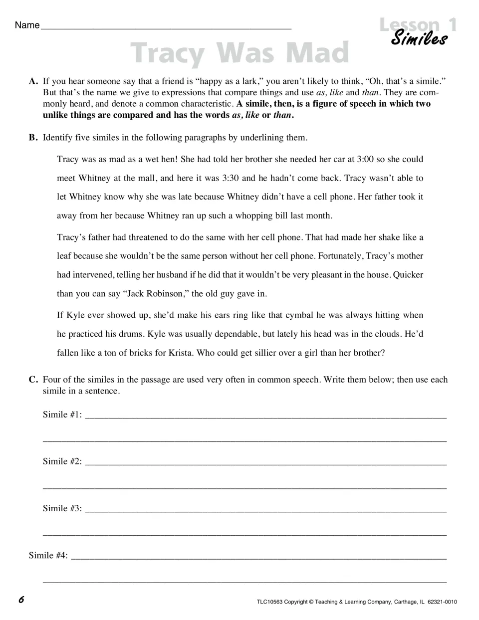 Tracy Was Mad similes: students underline five similes in a short story, then write four common ones in sentences