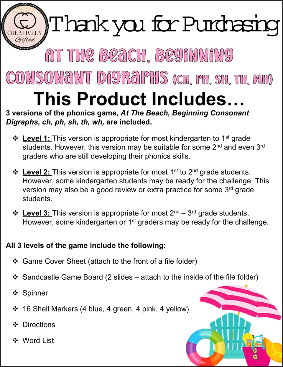 Contents list for a beach phonics game: 3 levels for ch, ph, sh, th, wh, each with board, spinner, shell markers and words
