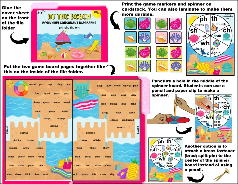 Assembly guide for the digraph folder game: glue cover on front, join two board pages inside, make a paper-clip spinner