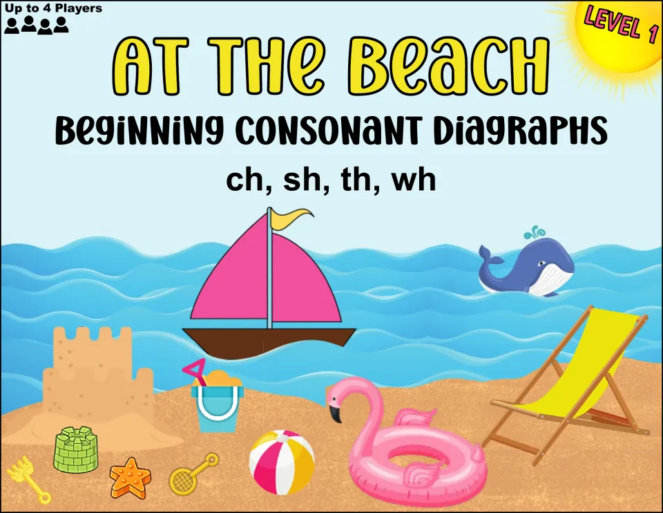 Level 1 folder cover for the beach digraphs game with ch, sh, th, wh, for up to 4 players, with a sailboat and sandcastle