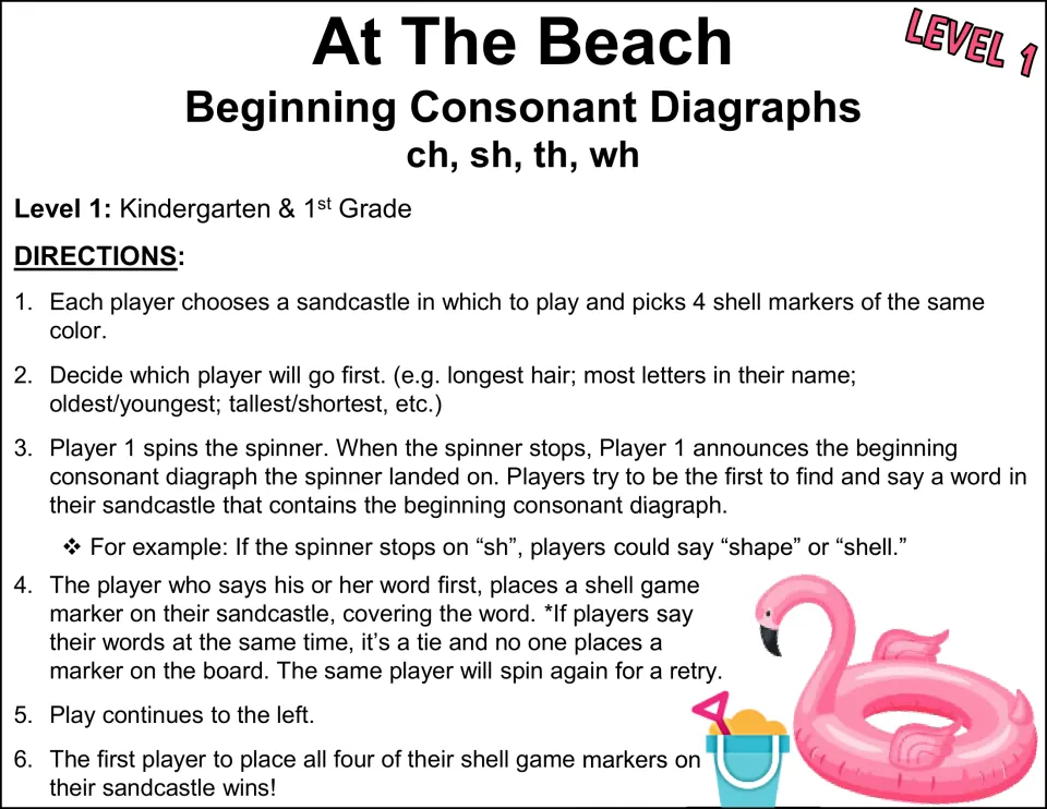 Level 1 game directions: spin a digraph, race to find and say a word starting with it, then cover it with a shell marker
