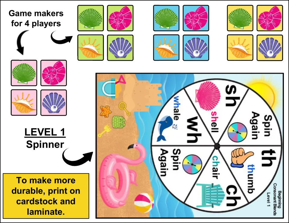 Level 1 spinner with sh, th, ch, wh and spin again, plus 16 shell game markers in pink, green, blue and yellow sets