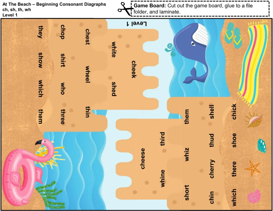 Level 1 sandcastle board, cut-out piece 1: ch, sh, th, wh words such as chest, wheel, shed, thin, cheese and whiz to cover