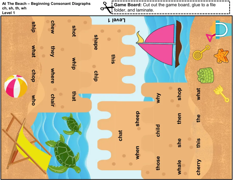 Level 1 sandcastle board, cut-out piece 2: digraph words including shape, chip, whip, sheep, child and whale to cover