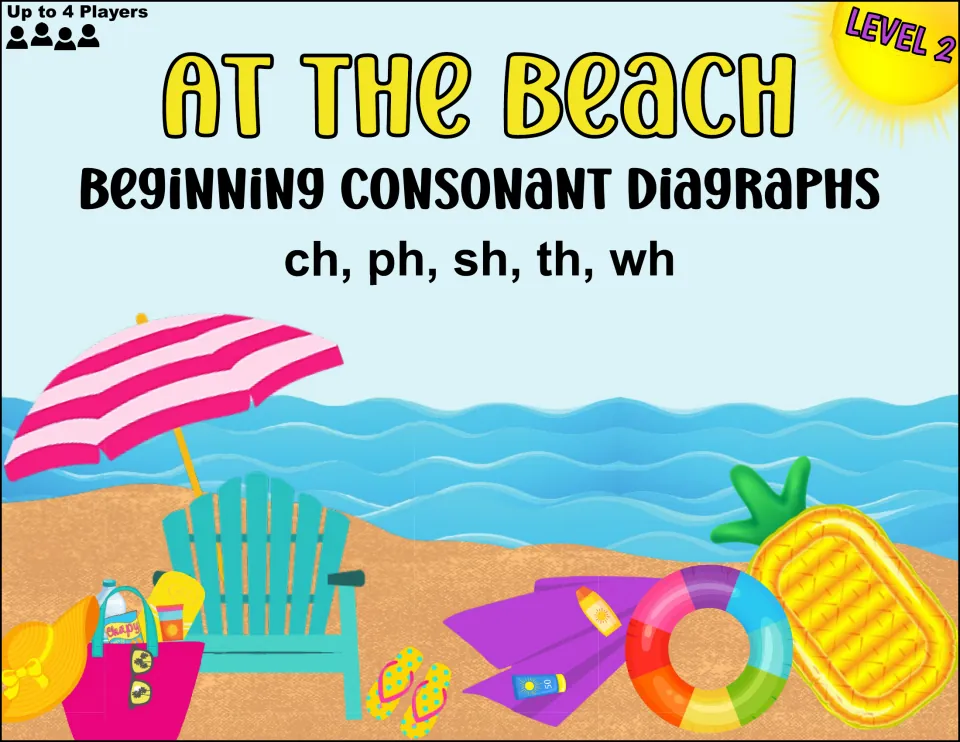 Level 2 folder cover for the beach game adding ph to ch, sh, th, wh, for up to 4 players, with umbrella and beach chair