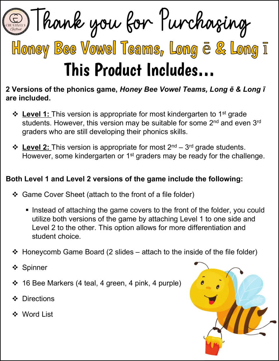 Thank-you and contents: two levels of the long e and long i vowel team game, with board, spinner, markers and word list