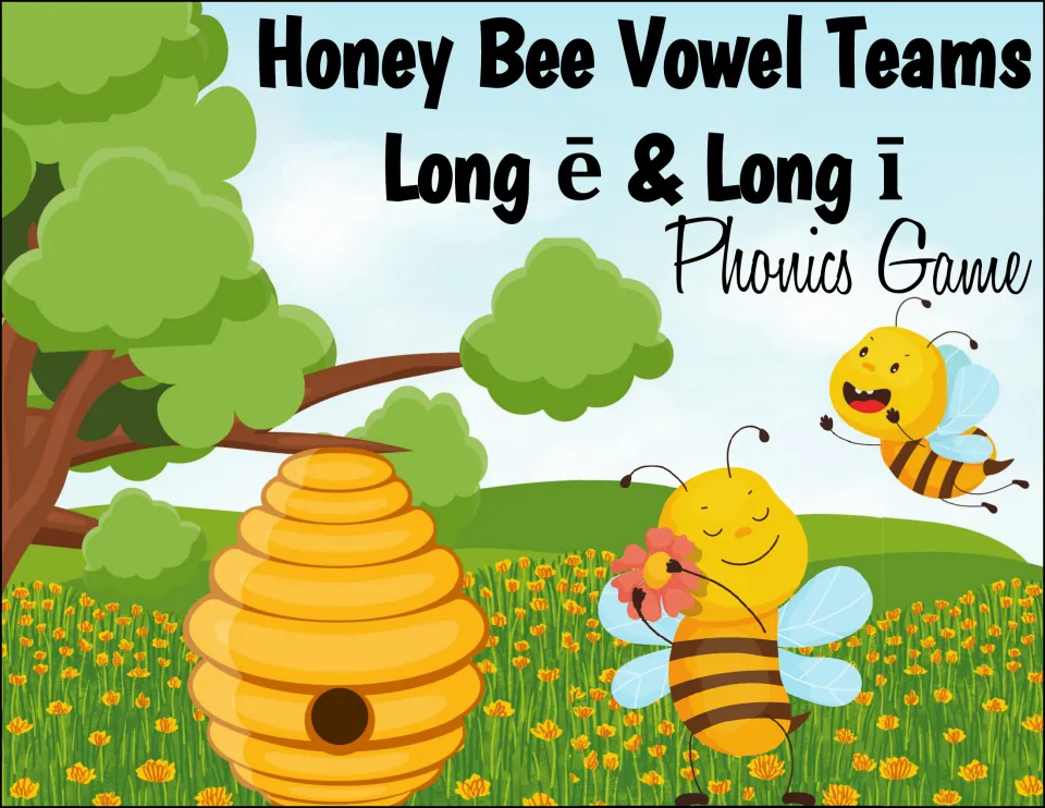 Cover of the Honey Bee Vowel Teams Long ē & Long ī phonics game, with cartoon bees and a beehive in a flower meadow