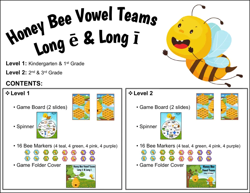Contents for Level 1 and Level 2: each has a two-part game board, vowel team spinner, 16 bee markers and folder cover