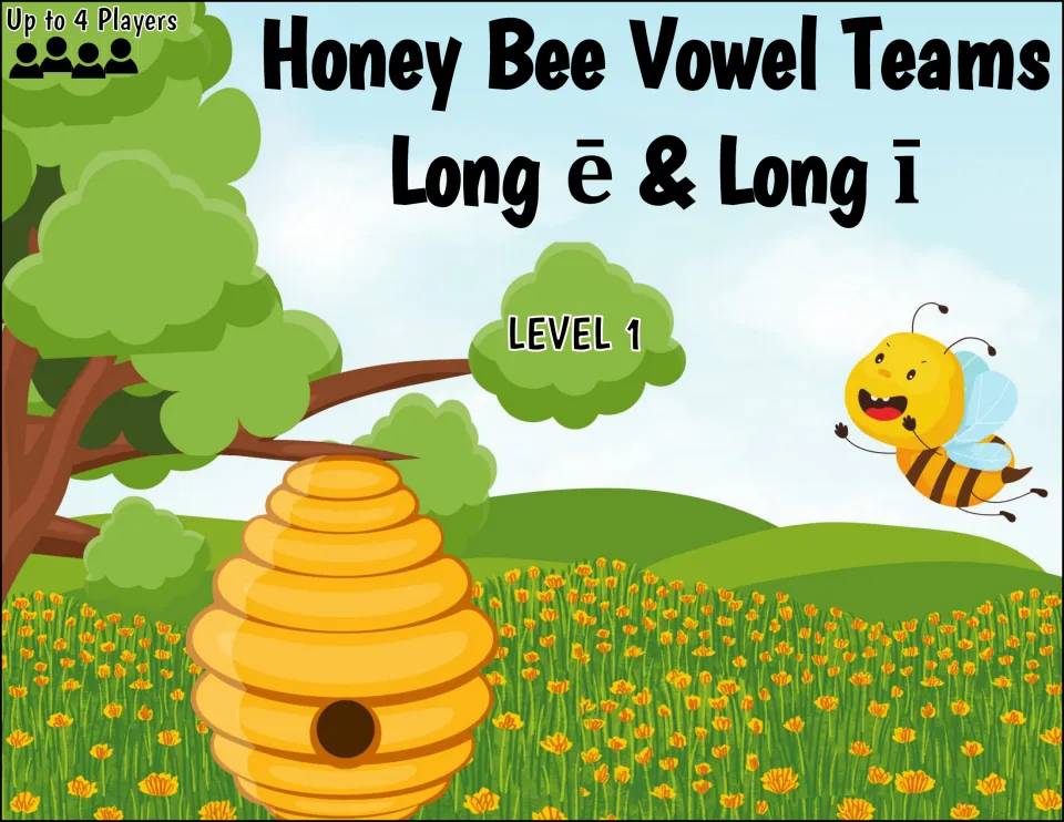 Level 1 folder cover sheet for the long e and long i bee game, marked up to 4 players, with a beehive and smiling bee