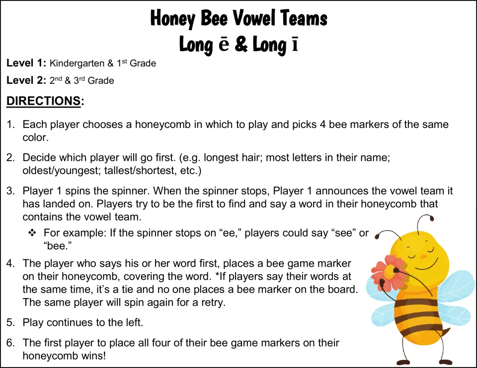Game directions: players spin for a vowel team, find and say a matching word on their honeycomb and cover it with a bee