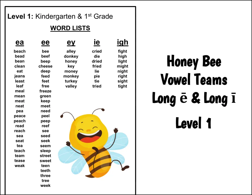 Level 1 word lists sorted by vowel team ea, ee, ey, ie and igh, such as beach, bee, honey, cried and fight