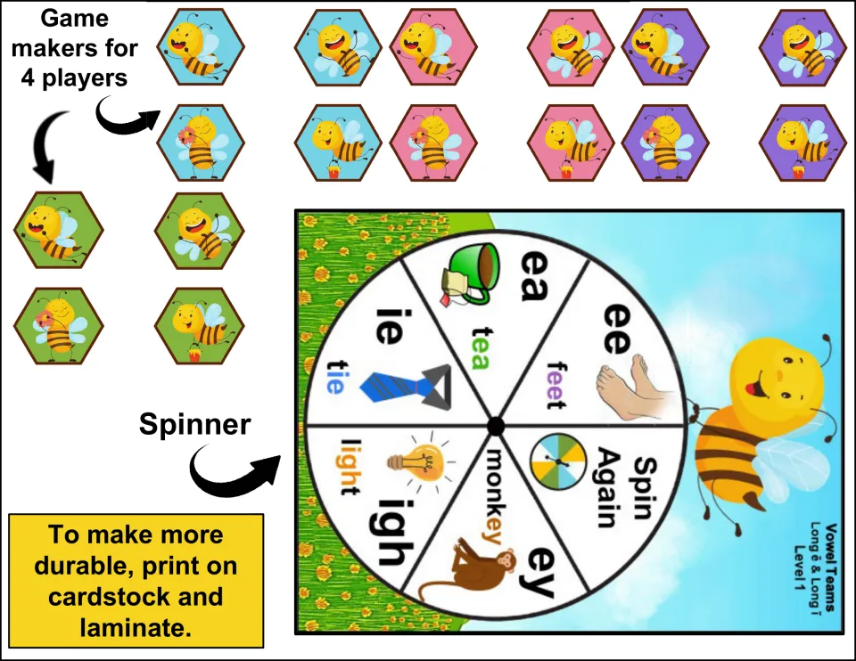 Bee game markers in teal, pink, green and purple for 4 players, plus a spinner showing ea, ee, ey, ie, igh and Spin Again