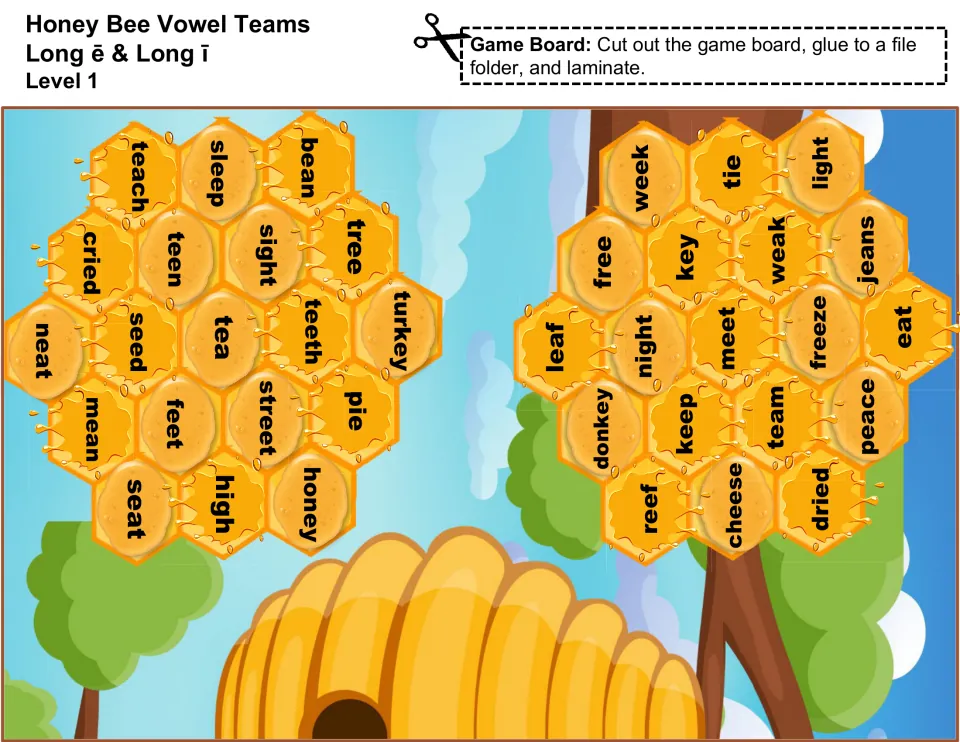 Level 1 game board, part 1: two honeycombs of long e and long i vowel team words such as teach, sleep, tie and light