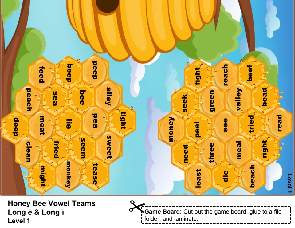 Level 1 game board, part 2: two more honeycombs of vowel team words such as feed, peach, fight, reach and beach