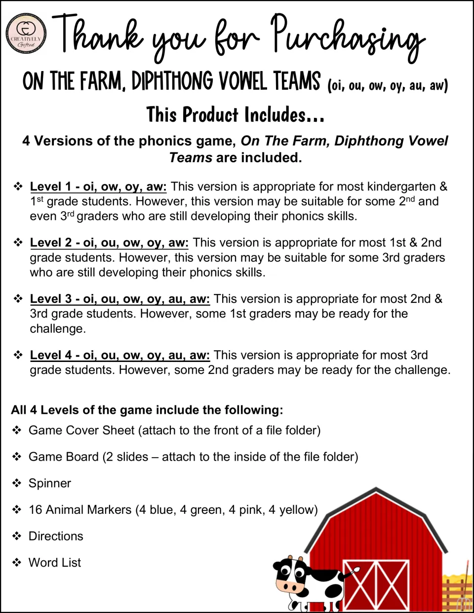 Product overview listing 4 diphthong game levels by vowel teams, with cover, board, spinner, markers and word list
