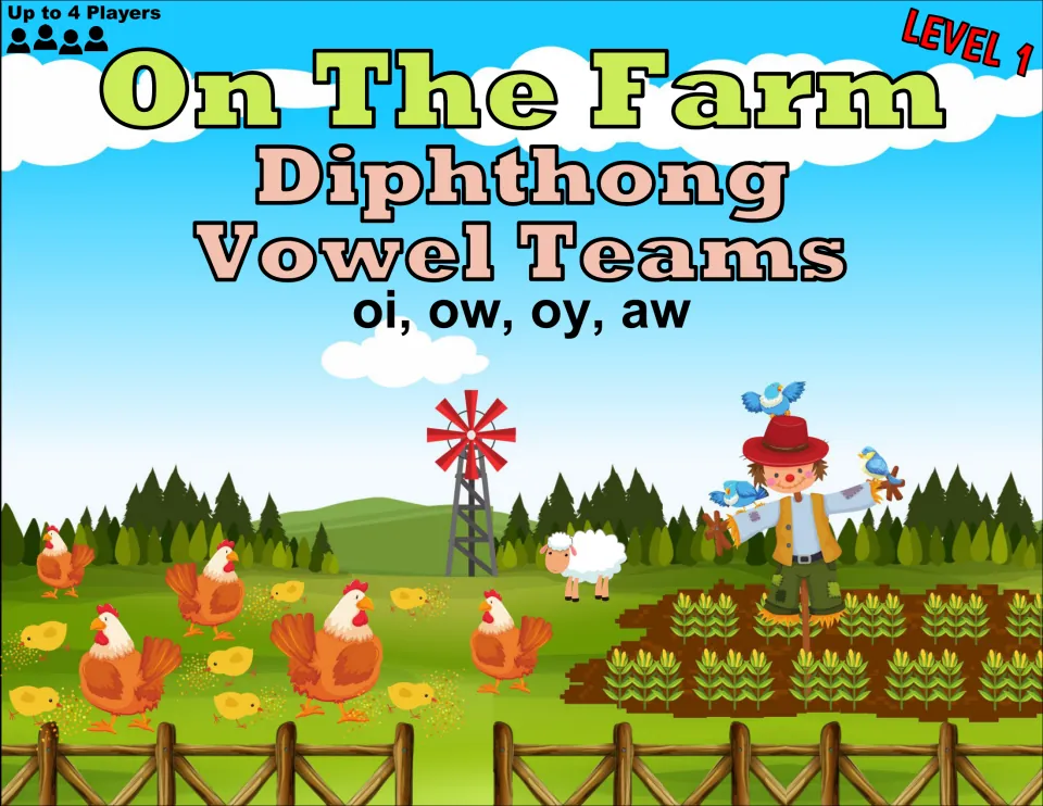 Level 1 folder cover for the farm diphthong game practising oi, ow, oy and aw, for up to 4 players, with hens and chicks