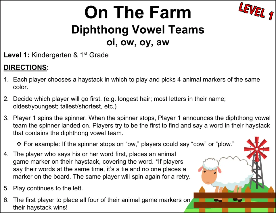 Level 1 directions: spin for oi, ow, oy or aw, race to say a matching word in your haystack, then cover it with a marker