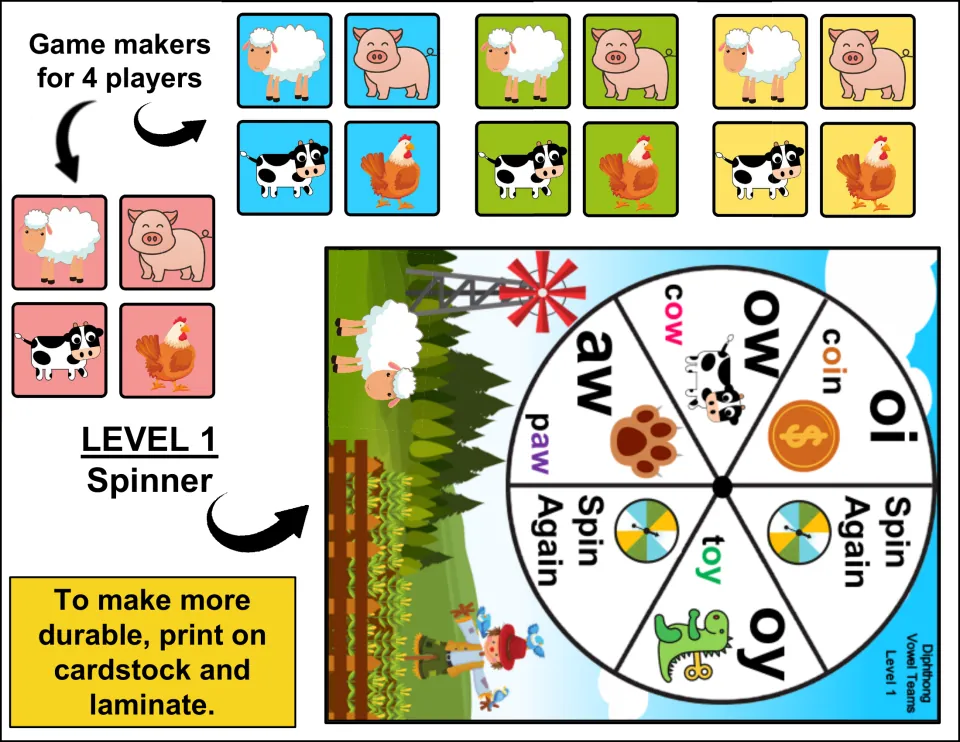 Level 1 spinner with oi, ow, oy, aw and two Spin Again spaces, plus 16 sheep, pig, cow and hen markers in four colors