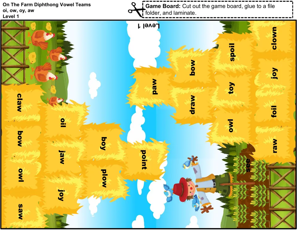 Level 1 game board half, a cut-out piece: haystacks hold vowel team words like claw, oil, boy, point, spoil and clown
