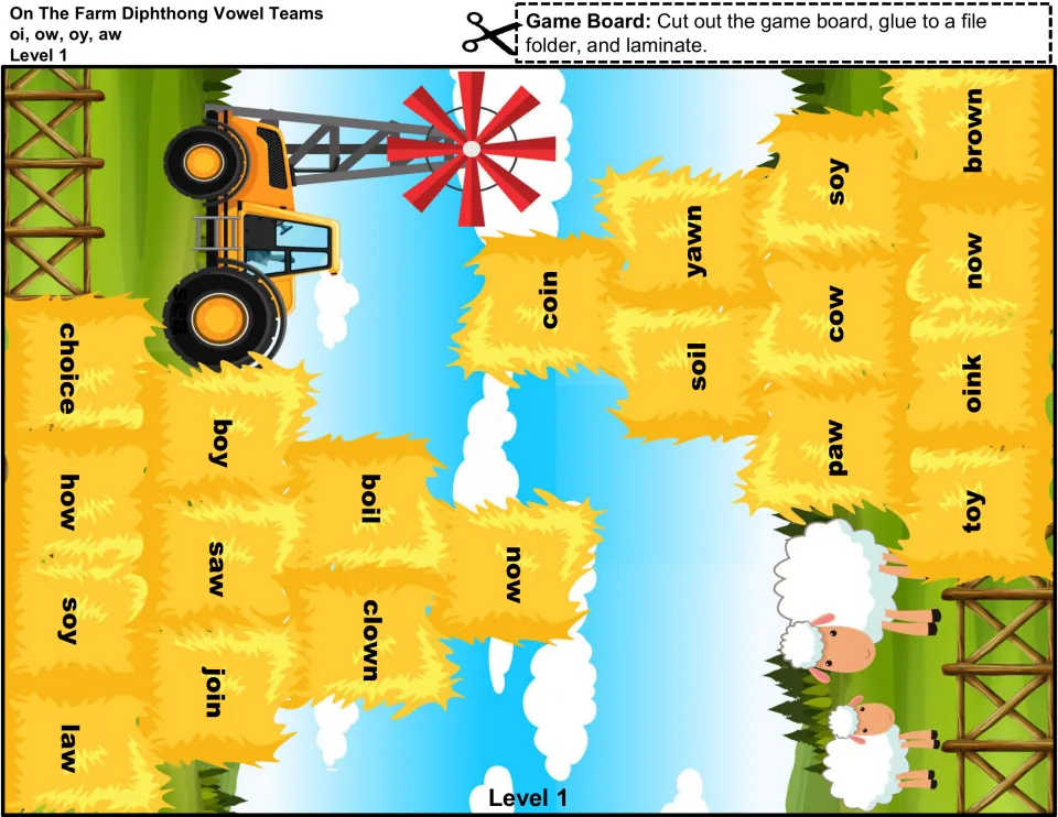 Second Level 1 board half, a cut-out piece: haystack words such as choice, boil, coin, yawn and oink, plus decoy sea