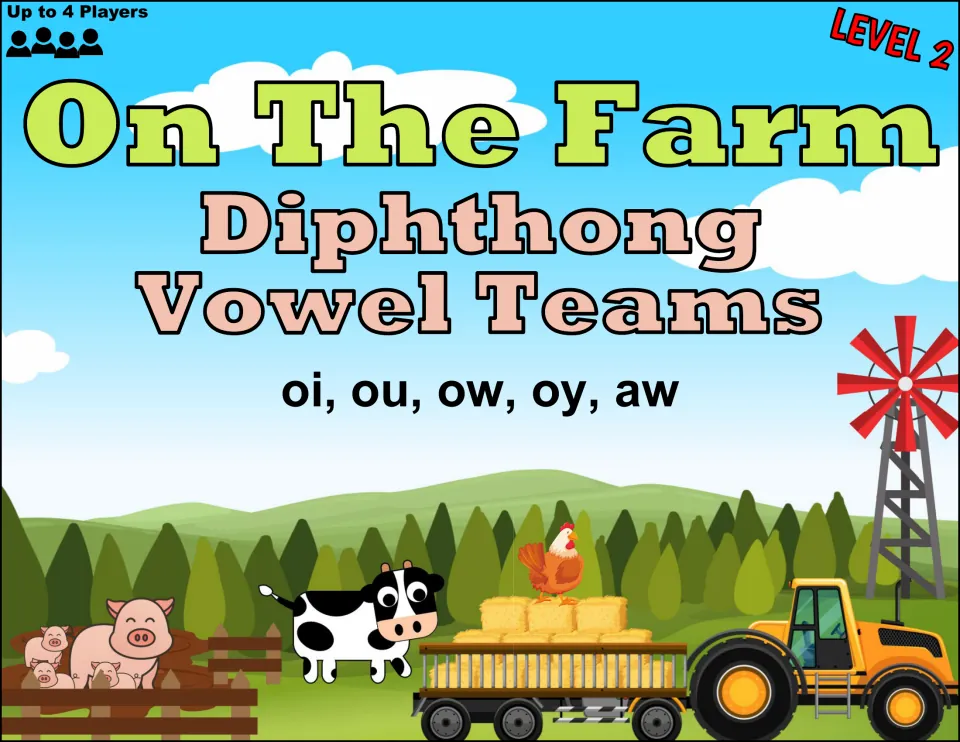 Level 2 folder cover adding ou to the vowel teams oi, ow, oy and aw, for up to 4 players, with a pig, cow and hay wagon