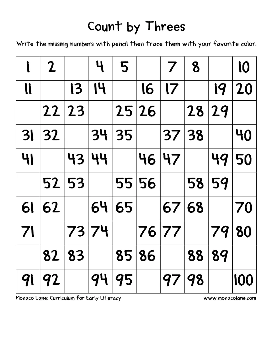 Count by threes: students write the missing multiples of 3 from 3 to 99 on a hundred chart and trace them in color