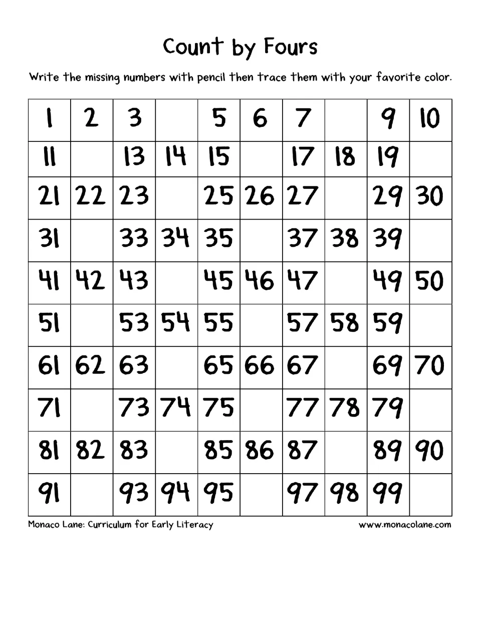 Count by fours: children complete a hundred chart by writing 4, 8, 12 and each later multiple of 4 up to 100