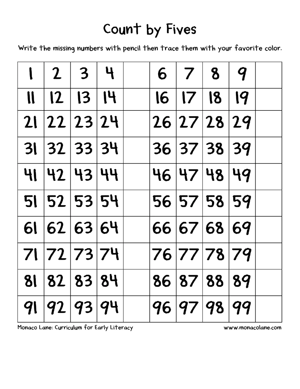 Count by fives: students fill in 5, 10, 15 and every multiple of 5 to 100 on a hundred chart, then trace them