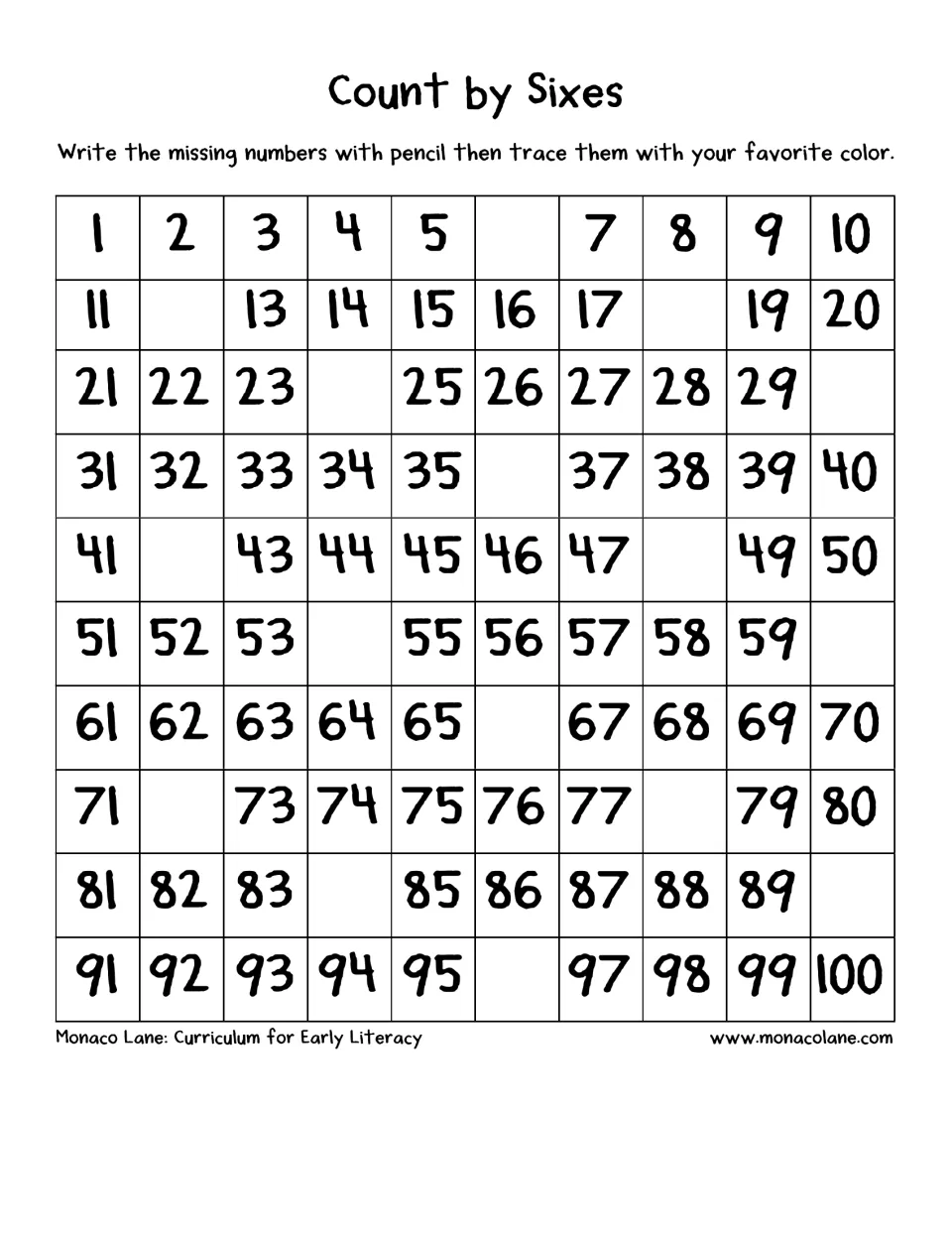Count by sixes: students find and write the blank multiples of 6, from 6 to 96, on a hundred chart before tracing